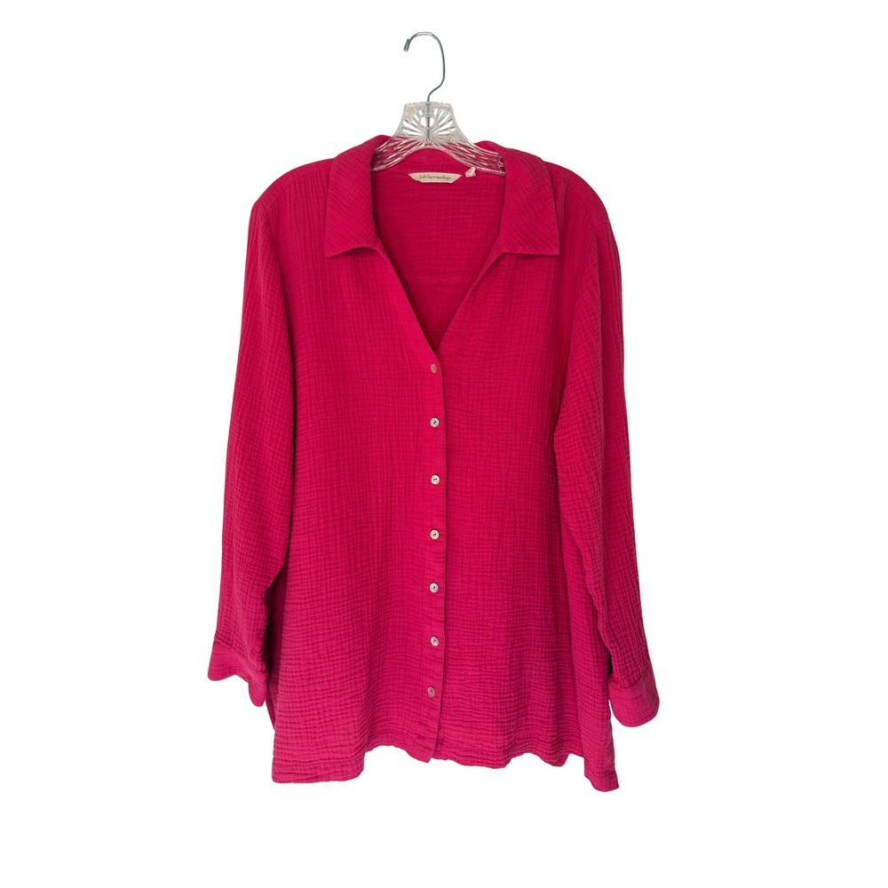 Soft Surroundings Gauze Button Down Shirt Pink Long Sleeve Cotton Relaxed 1X